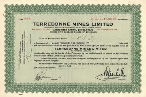Terrebonne Mines Limited - Foreign Stock Certificate
