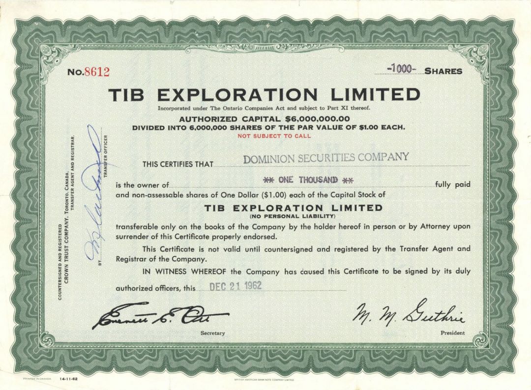 Tib Exploration Limited - Foreign Stock Certificate