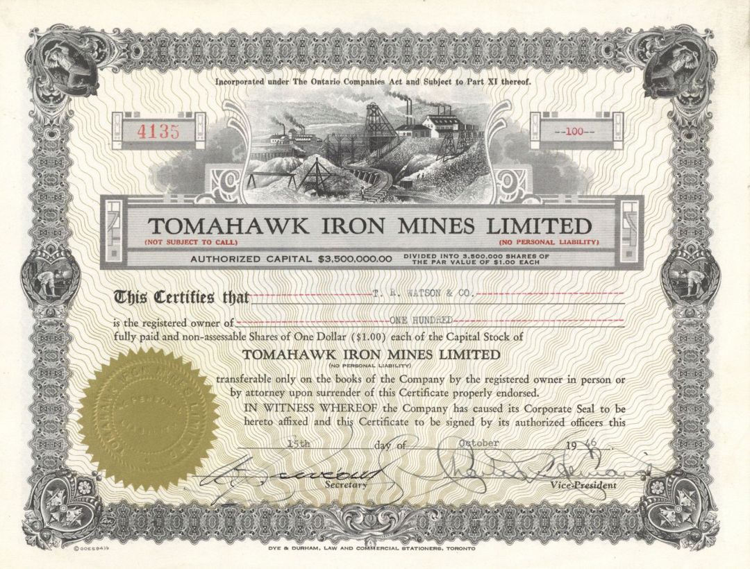 Tomahawk Iron Mines Limited - Foreign Stock Certificate