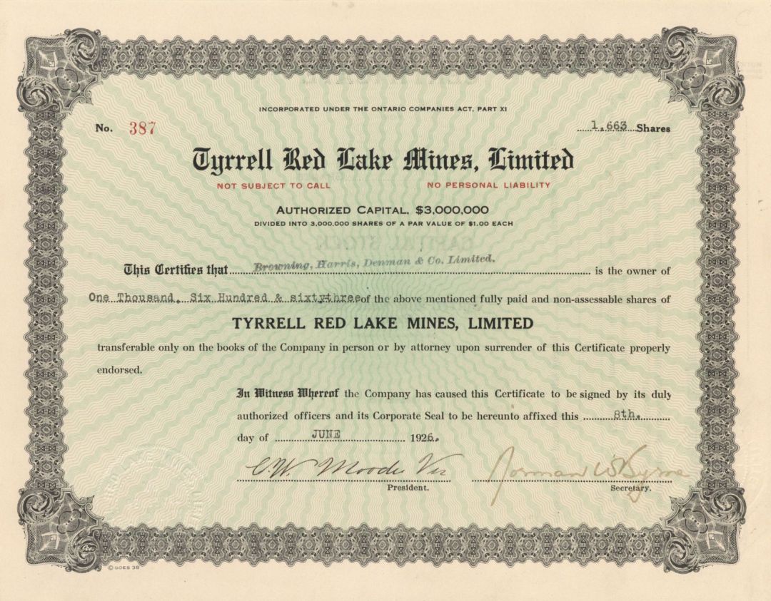 Tyrrell Red Lake Mines, Limited - Foreign Stock Certificate
