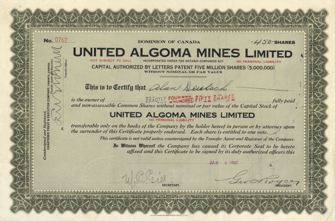 United Algoma Mines Limited - Foreign Stock Certificate