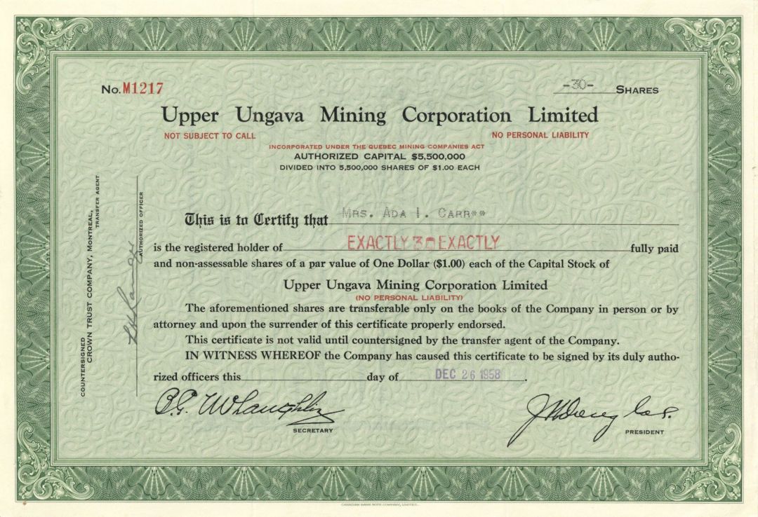 Upper Ungava Mining Corporation Limited - 1958 dated Canadian Mining Stock Certificate