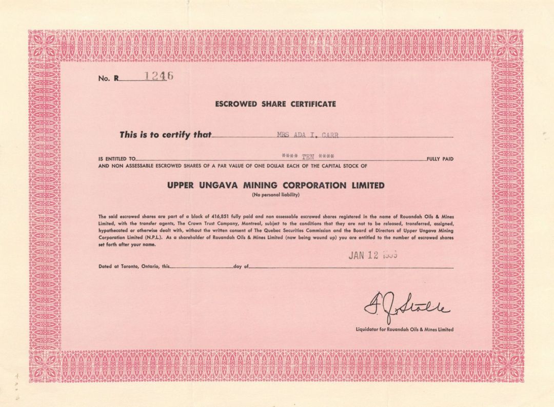 Upper Ungava Mining Corporation Limited - Foreign Stock Certificate