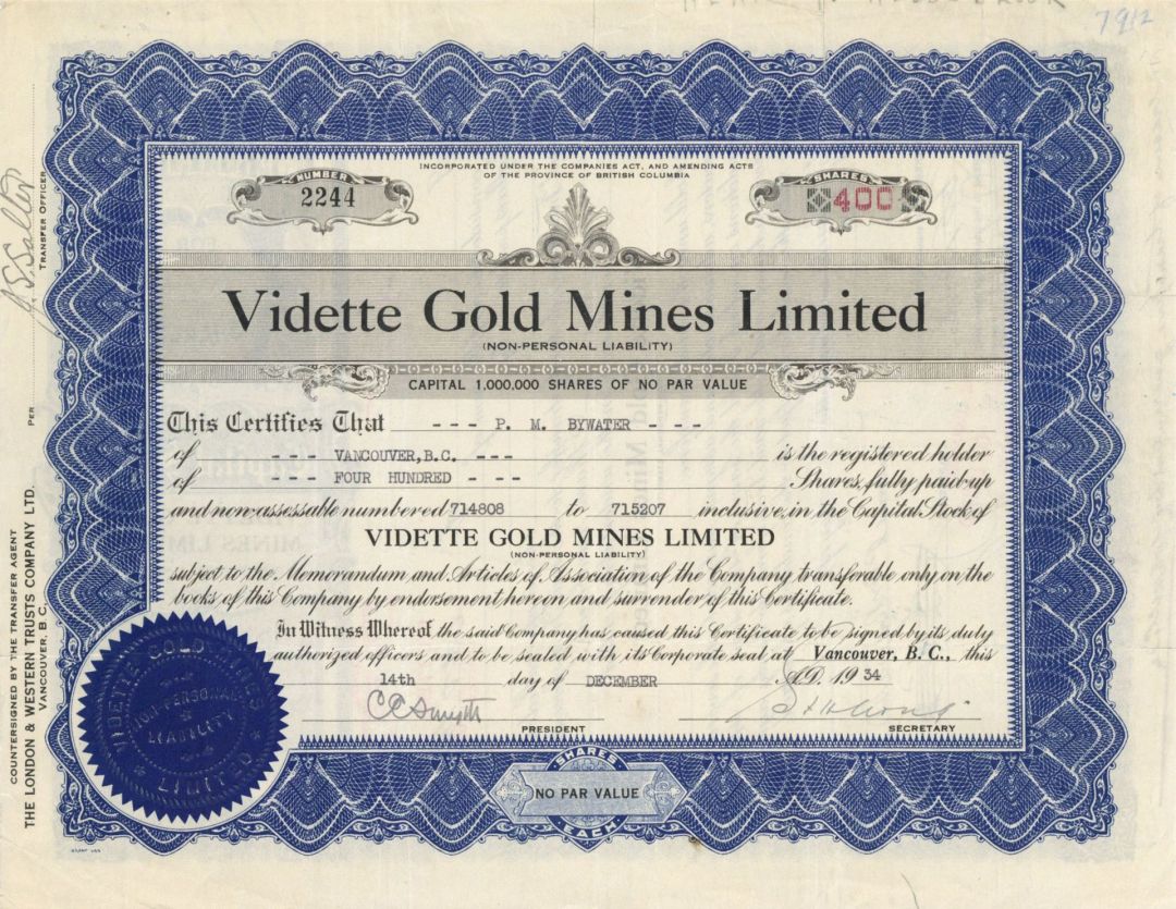 Vidette Gold Mines Limited - Foreign Stock Certificate