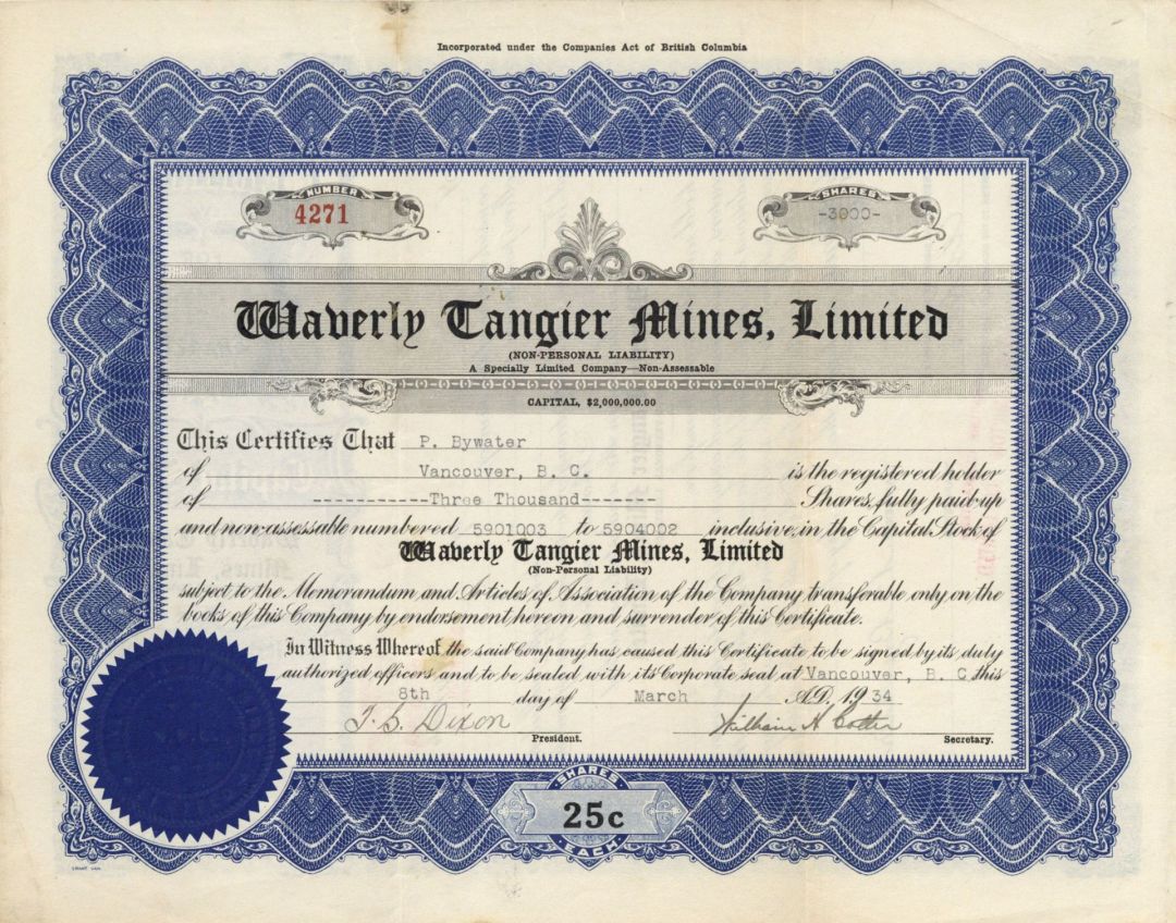 Waverly Tangier Mines, Limited - Foreign Stock Certificate