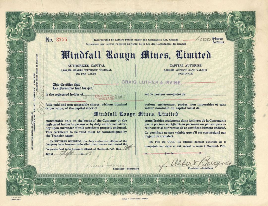 Windfall Rouyn Mines, Limited - Foreign Stock Certificate