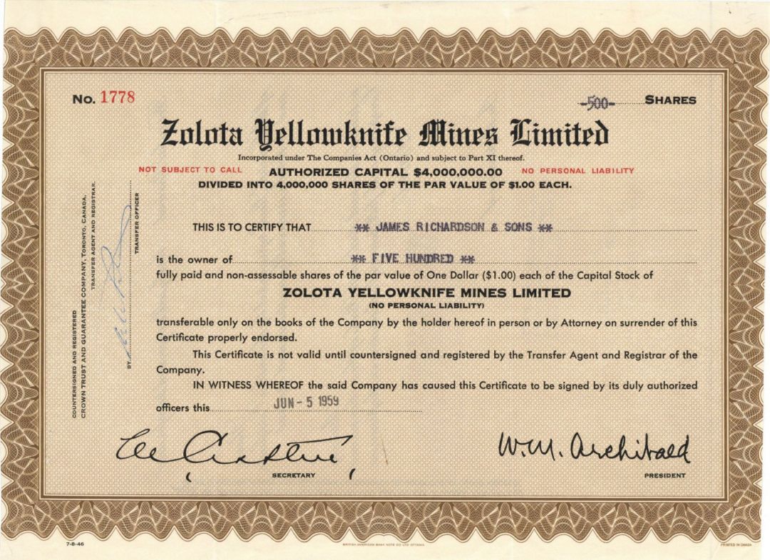 Zolota Yellowknife Mines, Limited - Foreign Stock Certificate