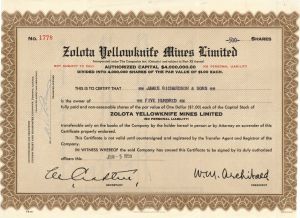 Zolota Yellowknife Mines, Limited - Foreign Stock Certificate