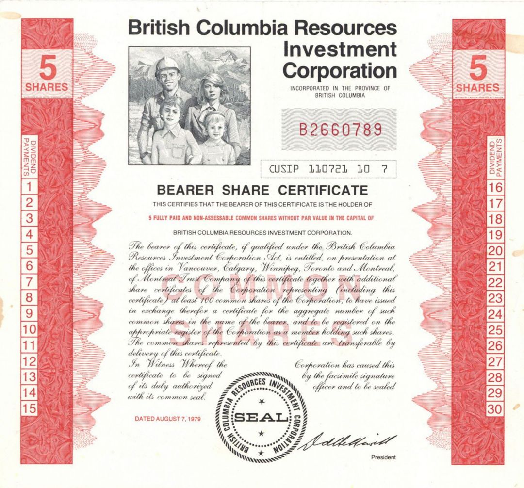 British Columbia Resources Investment Corp. - Stock Certificate