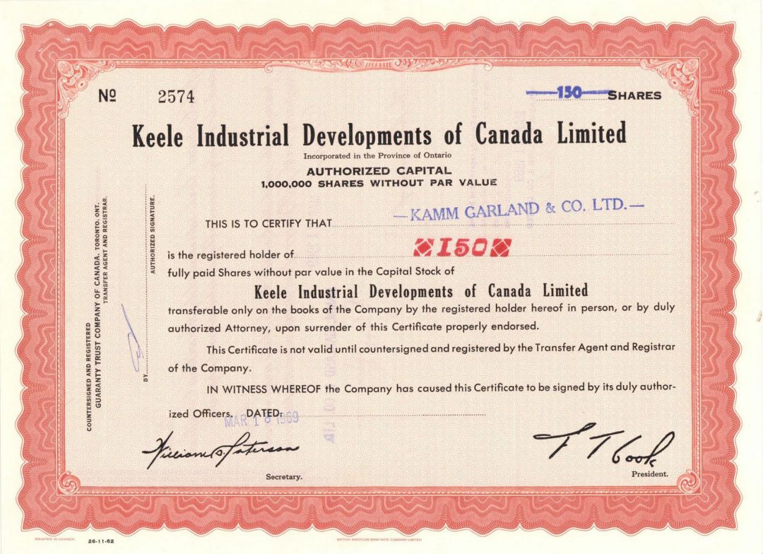 Keele Industrial Developments of Canada Limited - Stock Certificate