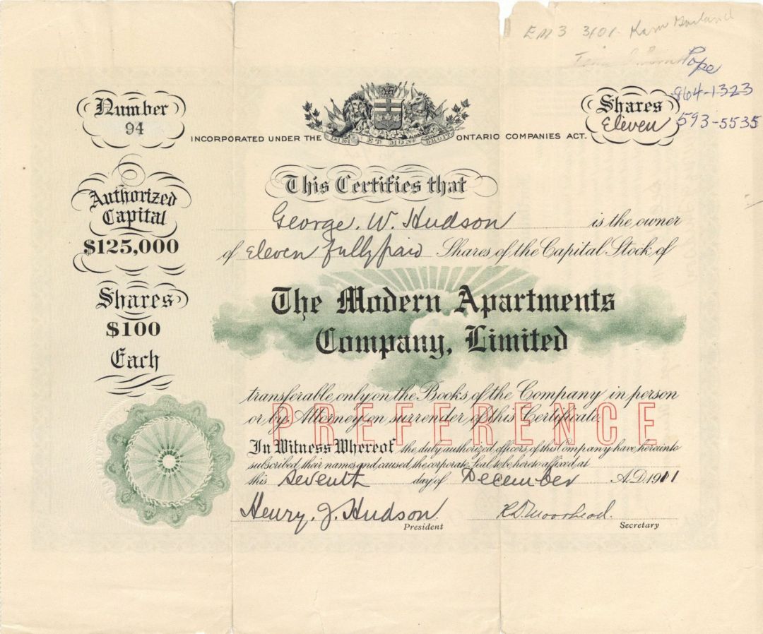 Modern Apartments Company, Limited - Stock Certificate