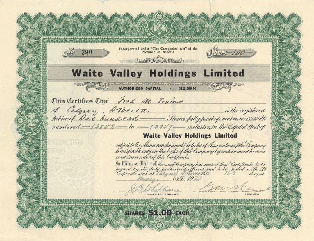 Waite Valley Holdings Limited - Stock Certificate