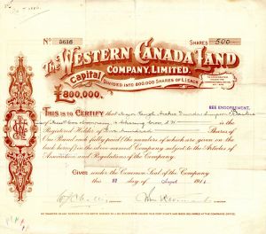 Western Canada Land Company, Limited - Stock Certificate