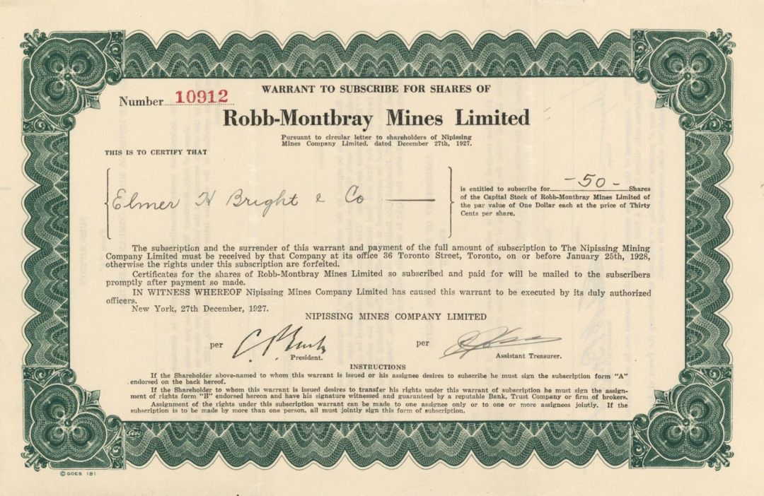 Robb-Montbray Mines Limited - Stock Certificate