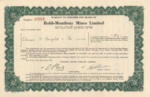 Robb-Montbray Mines Limited - Stock Certificate