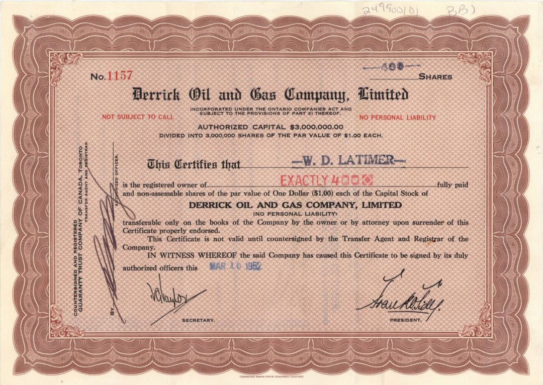 Derrick Oil and Gas Company, Ltd. - Stock Certificate