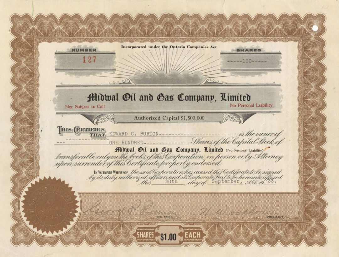 Midwal Oil and Gas Company, Ltd. - Stock Certificate