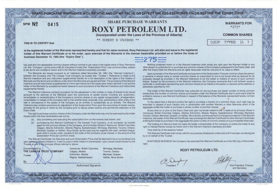 Roxy Petroleum Ltd. - Stock Certificate