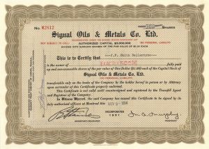 Signal Oils and Metals Co. Ltd. - Stock Certificate