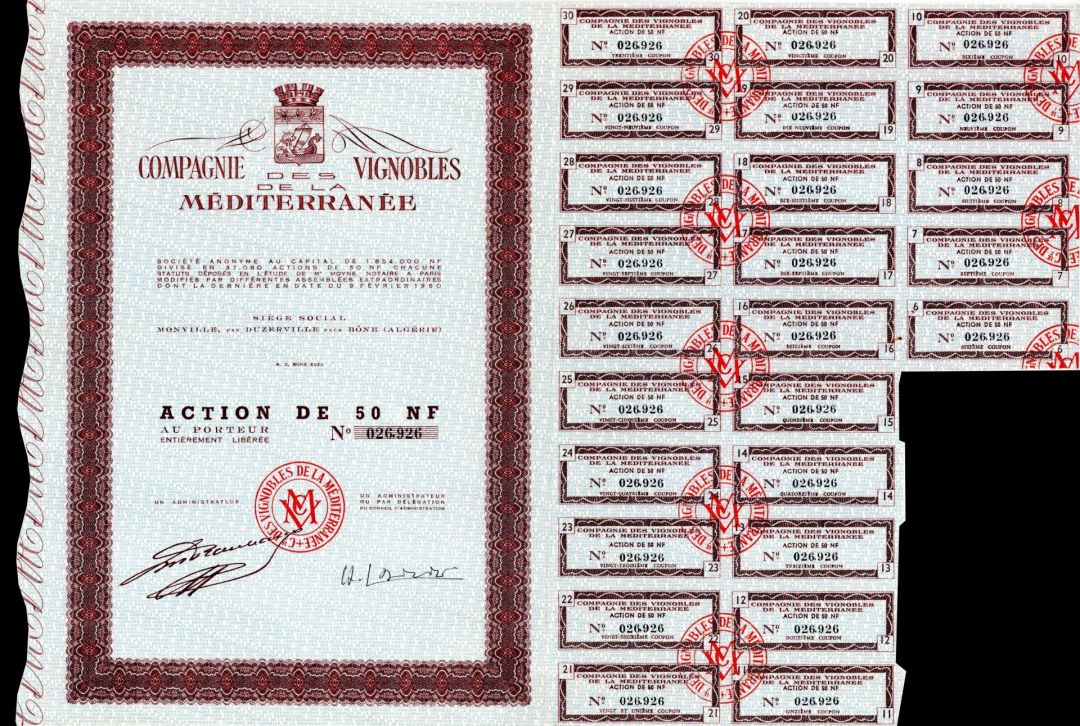 Companie Vignobles Des De La Mediterranee - Stock Certificate