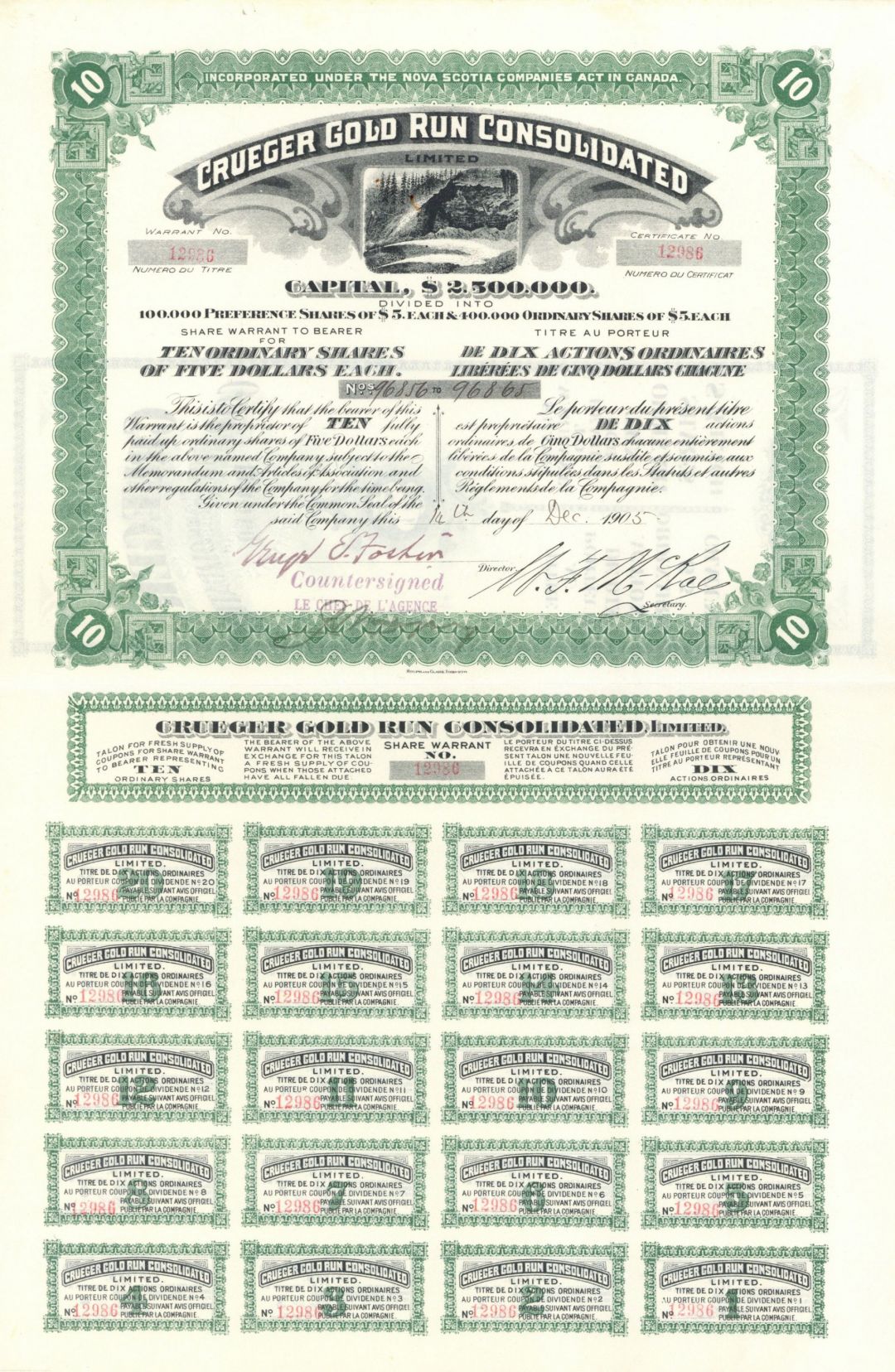 Crueger Gold Run Consolidated - Foreign Stock Certificate