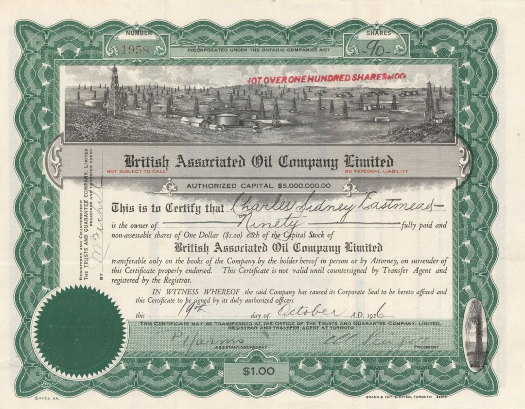 British Associated Oil Company Ltd. - Foreign Stock Certificate