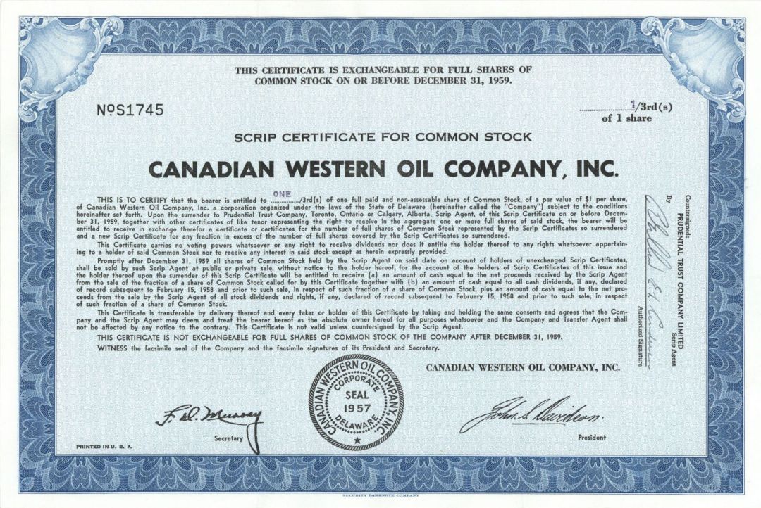 Canadian Western Oil Company, Inc. - Foreign Stock Certificate