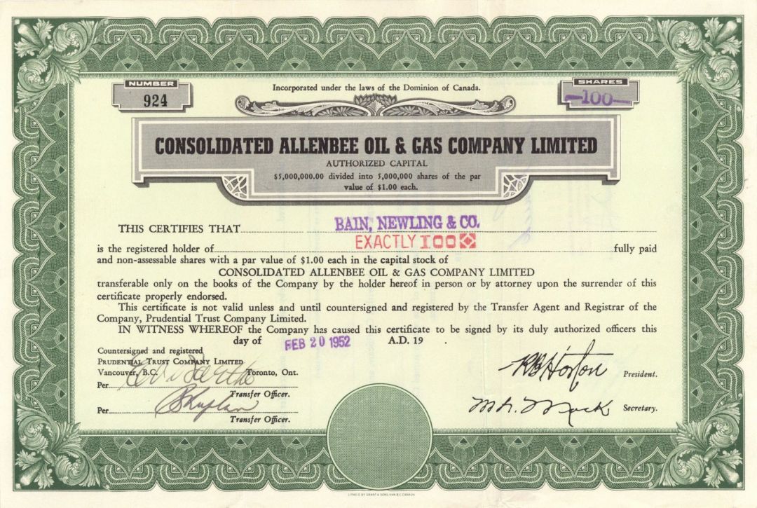 Consolidated Allenbee Oil and Gas Company Ltd. - Foreign Stock Certificate