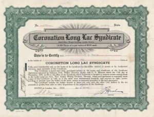 Coronation Long Lac Syndicate - 1937 dated Canadian Mining Stock Certificate