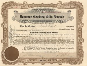 Dominion Combing Mills, Ltd. - Foreign Stock Certificate