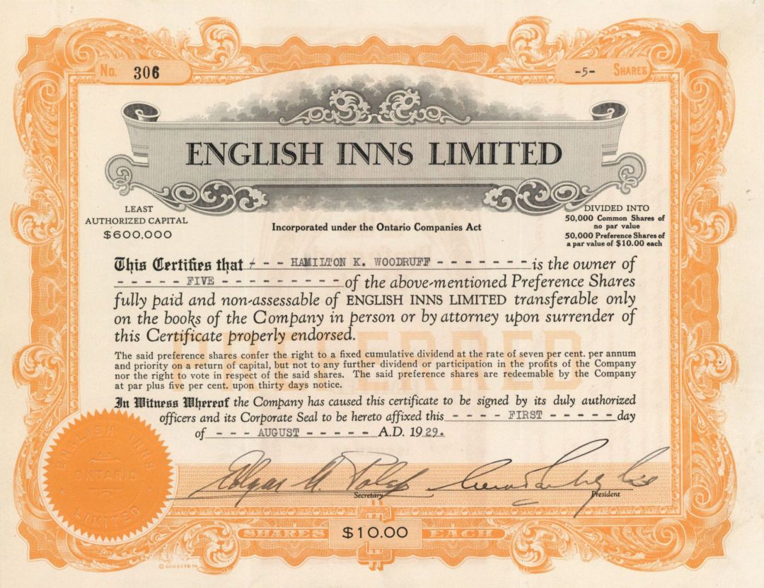 English Inns Ltd. - Foreign Stock Certificate