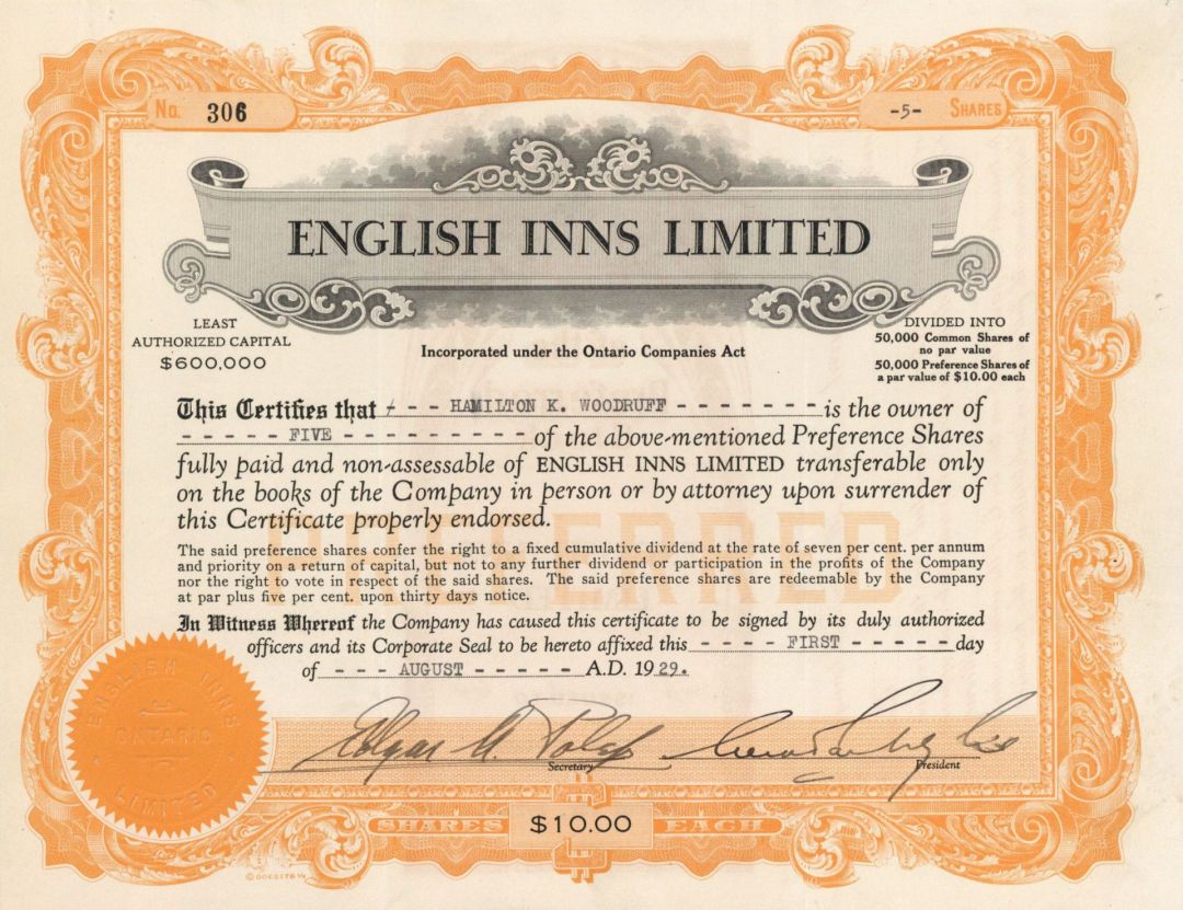 English Inns Ltd. - 1929 dated Canadian Stock Certificate - Ontario, Canada