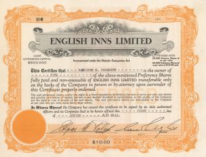 English Inns Ltd. - 1929 dated Canadian Stock Certificate - Ontario, Canada