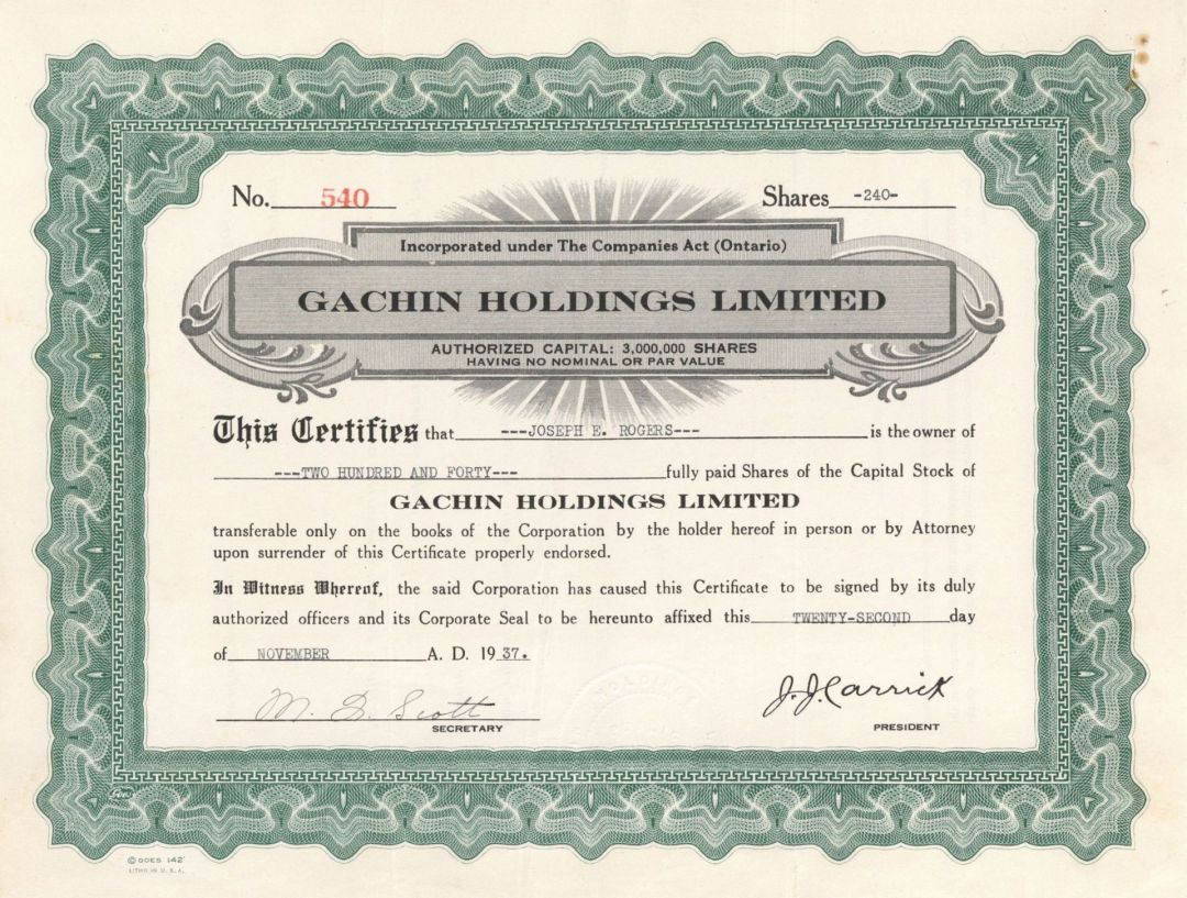 Gachin Holdings Ltd. - Foreign Stock Certificate