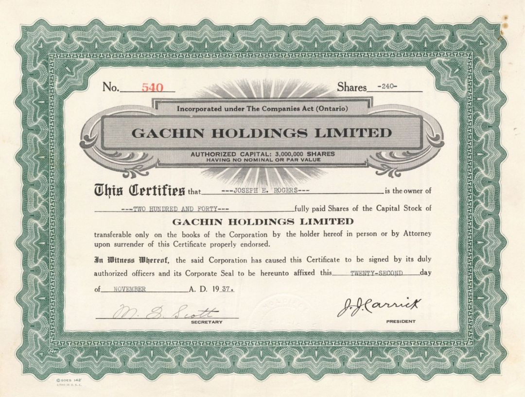 Gachin Holdings Ltd. - Foreign Stock Certificate