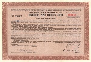 Hendershot Paper Products Ltd. - 1956 dated Canadian Stock Certificate