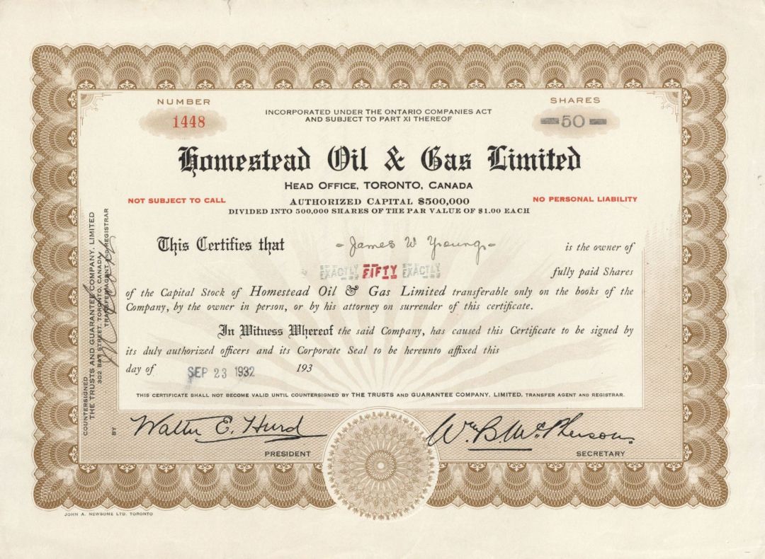 Homestead Oil and Gas Ltd. - Foreign Stock Certificate