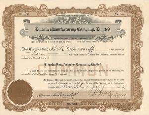 Lincoln Manufacturing Company, Ltd. - Foreign Stock Certificate