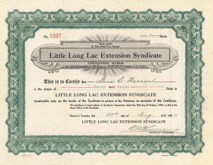 Little Long Lac Extension Syndicate - 1934 dated Canadian Mining Stock Certificate