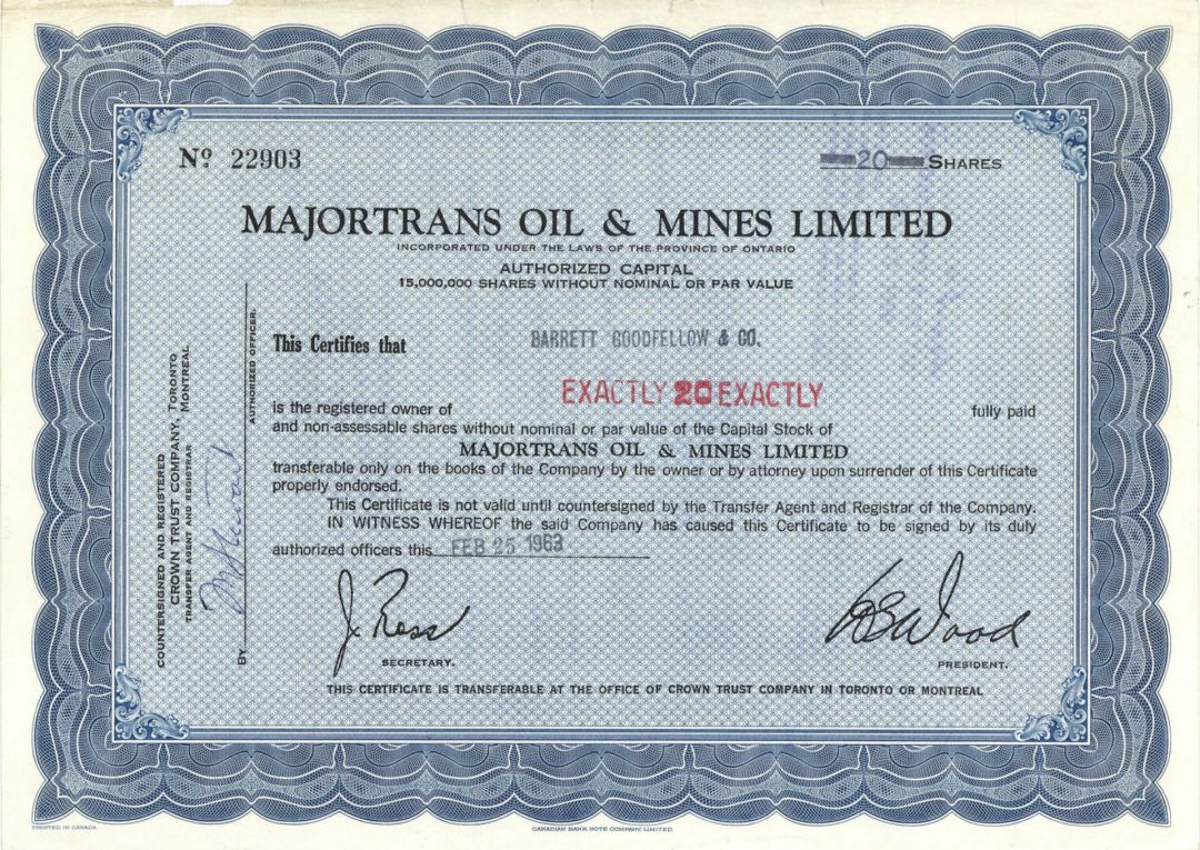 Majortrans Oil and Mines Ltd. - Foreign Stock Certificate