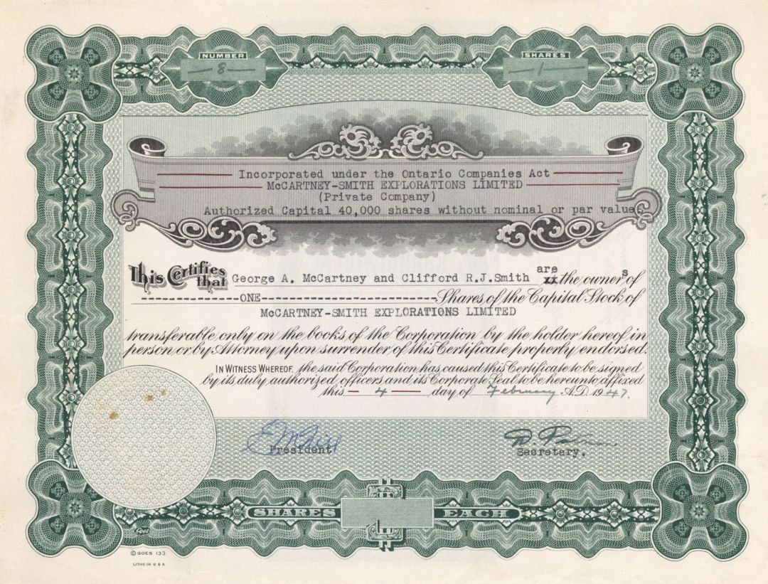 McCartney-Smith Explorations Ltd. - 1947 dated Canadian Mining Stock Certificate