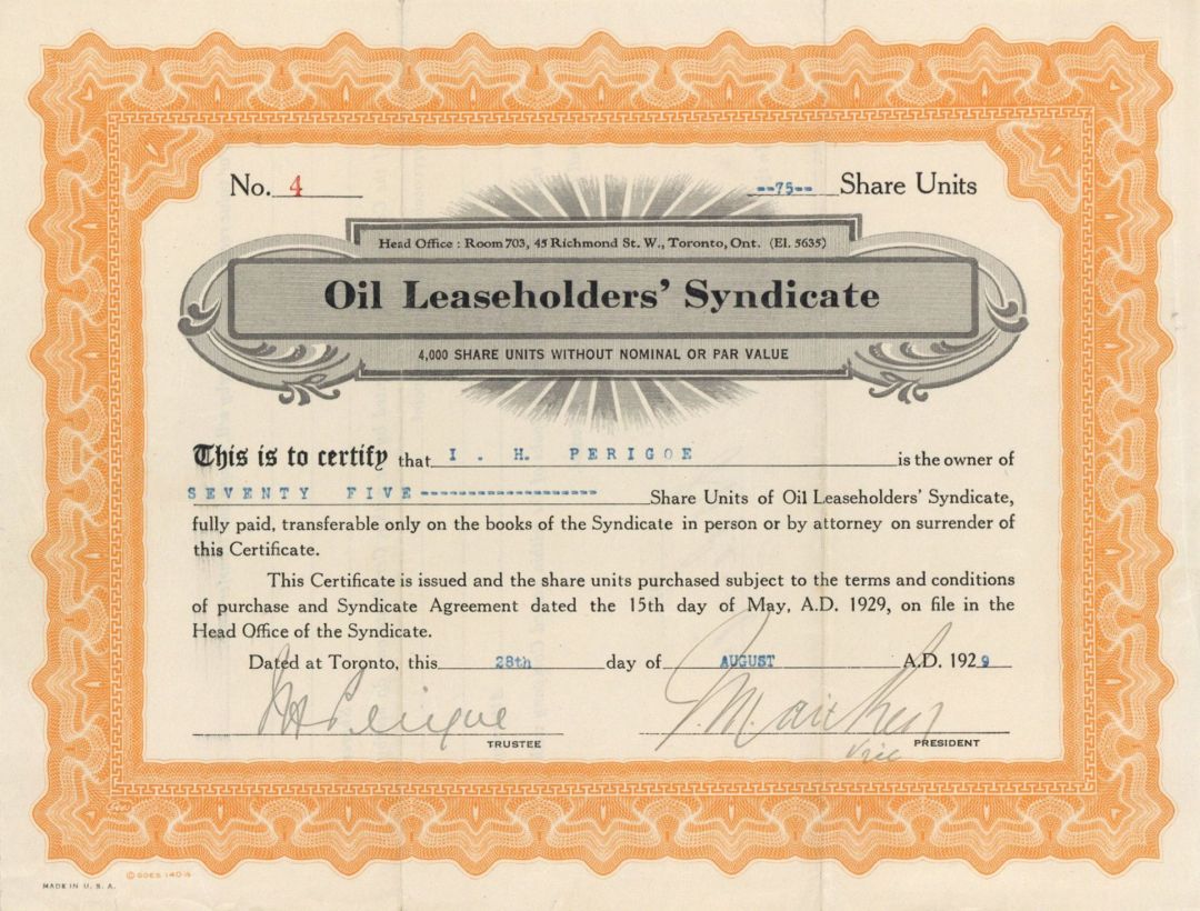 Oil Leaseholders' Syndicate - Foreign Stock Certificate