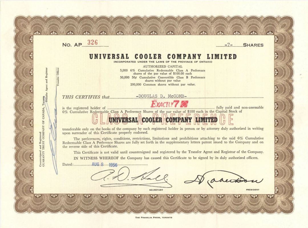 Universal Cooler Company Ltd. - Foreign Stock Certificate