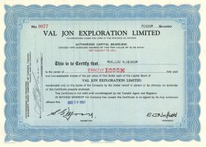 Val Jon Exploration Ltd. - 1958 dated Canadian Mining Stock Certificate