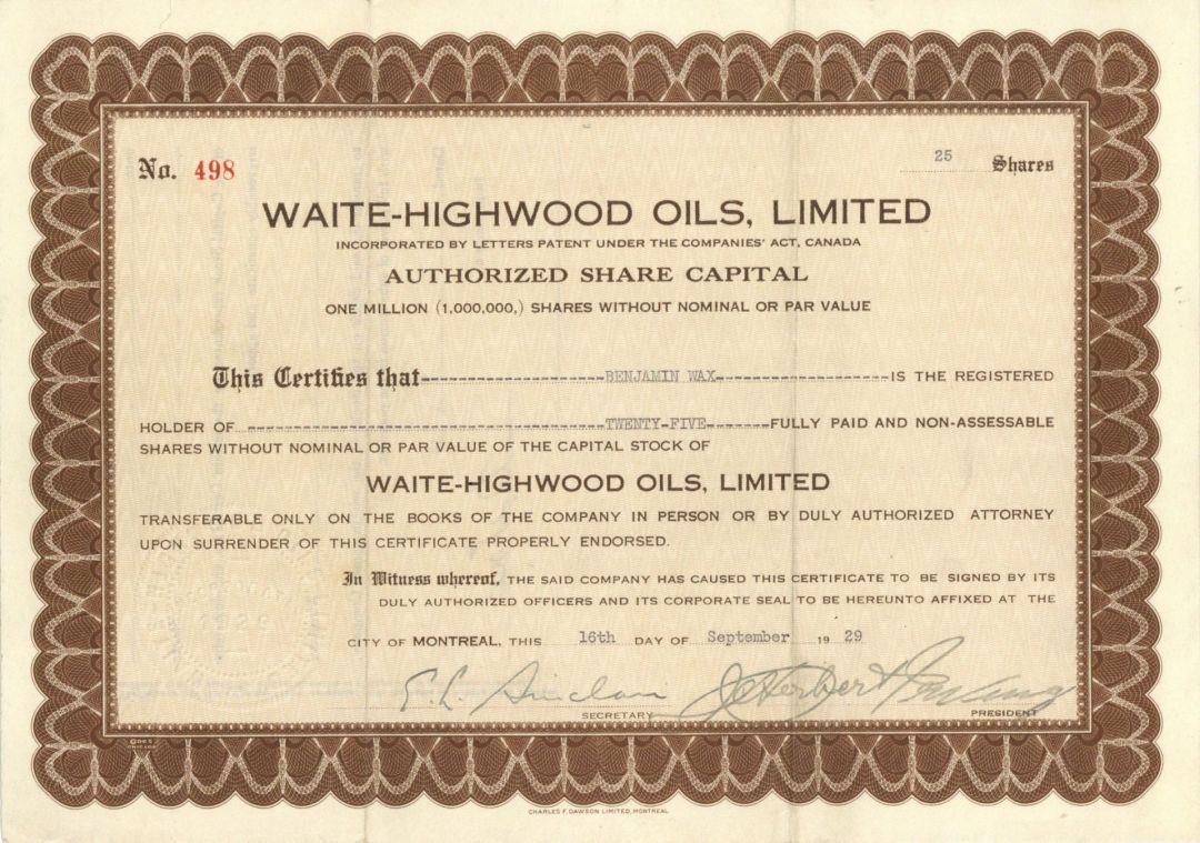 Waite-Highwood Oils, Ltd. - Foreign Stock Certificate