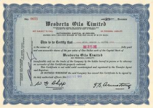 Wesberta Oils Ltd. - Foreign Stock Certificate
