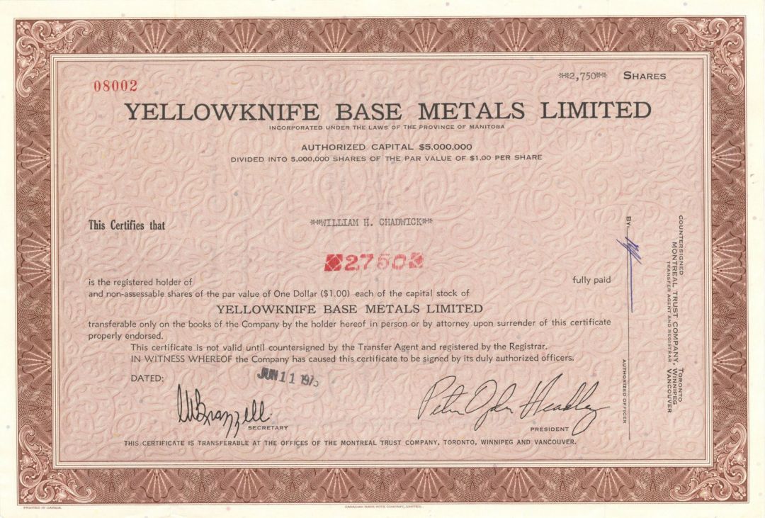 Yellowknife Base Metals Ltd. - 1975 dated Canadian Mining Stock Certificate