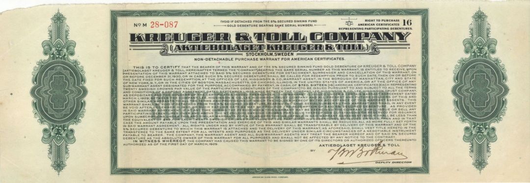 Kreuger and Toll Co. - Foreign Stock Certificate
