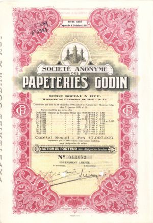 Societe Anonyme Des Papeteries Godin - 1944 Foreign Stock Certificate