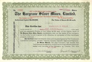 Hargrave Silver Mines, Limited. - 1917 dated Canadian Mining Stock Certificate